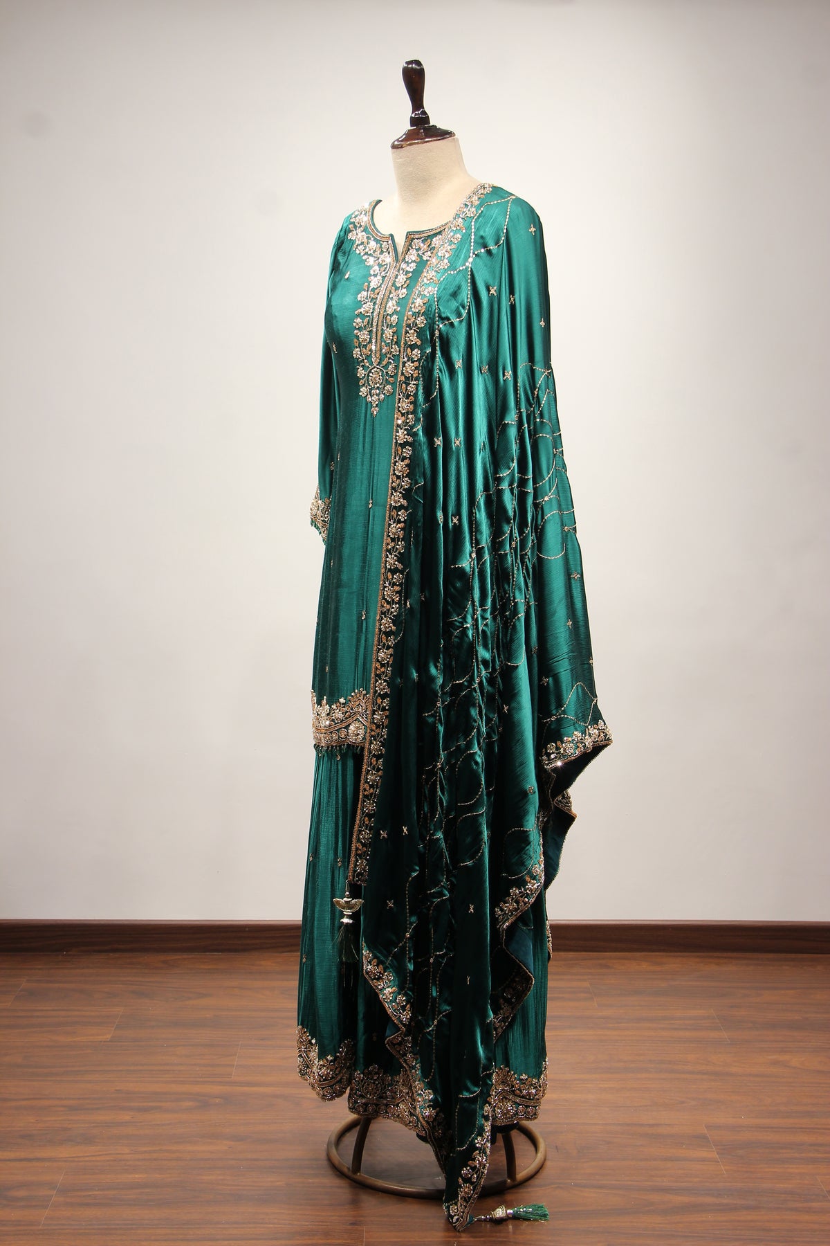 Bottle Green Satin Sharara Suit with Cut Dana & Sequin Handwork – side view