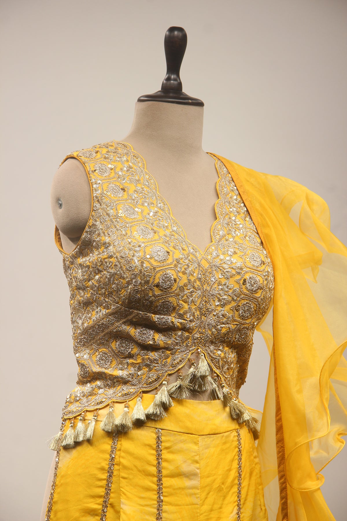 Yellow Organza IndoWestern Long Top with Zari & Gota Patti Handwork
