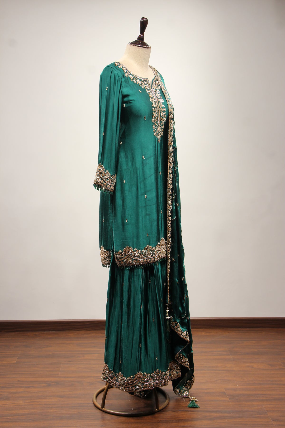Bottle Green Satin Sharara Suit with Cut Dana & Sequin Handwork – other side view