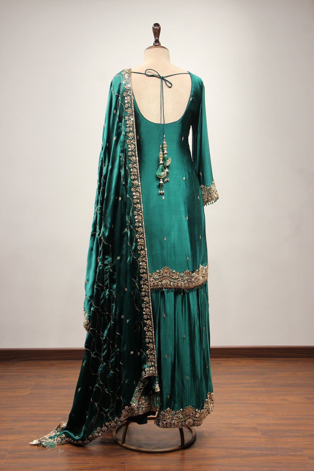 Bottle Green Satin Sharara Suit with Cut Dana & Sequin Handwork – back view