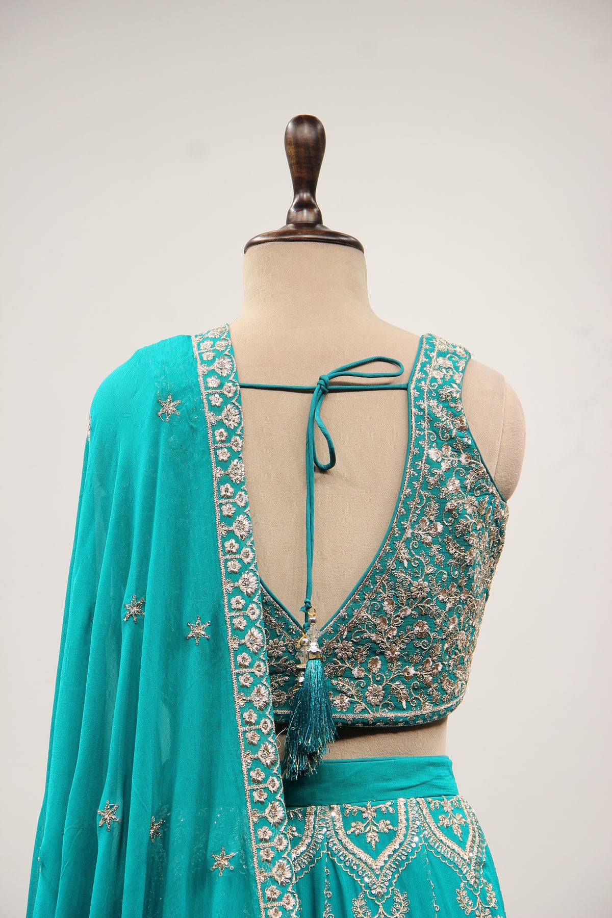 Rama Green Georgette Lehenga with Zari & Sequin Handwork Crop Top – back close-up