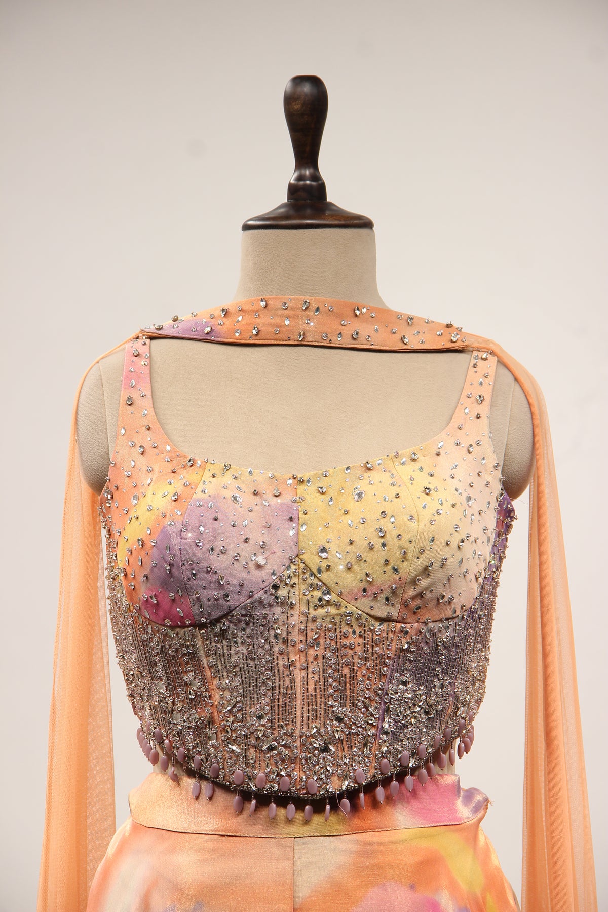 Multicolor Tissue Indo Western Corset Set with Stone & Cut Dana Work – front close-up