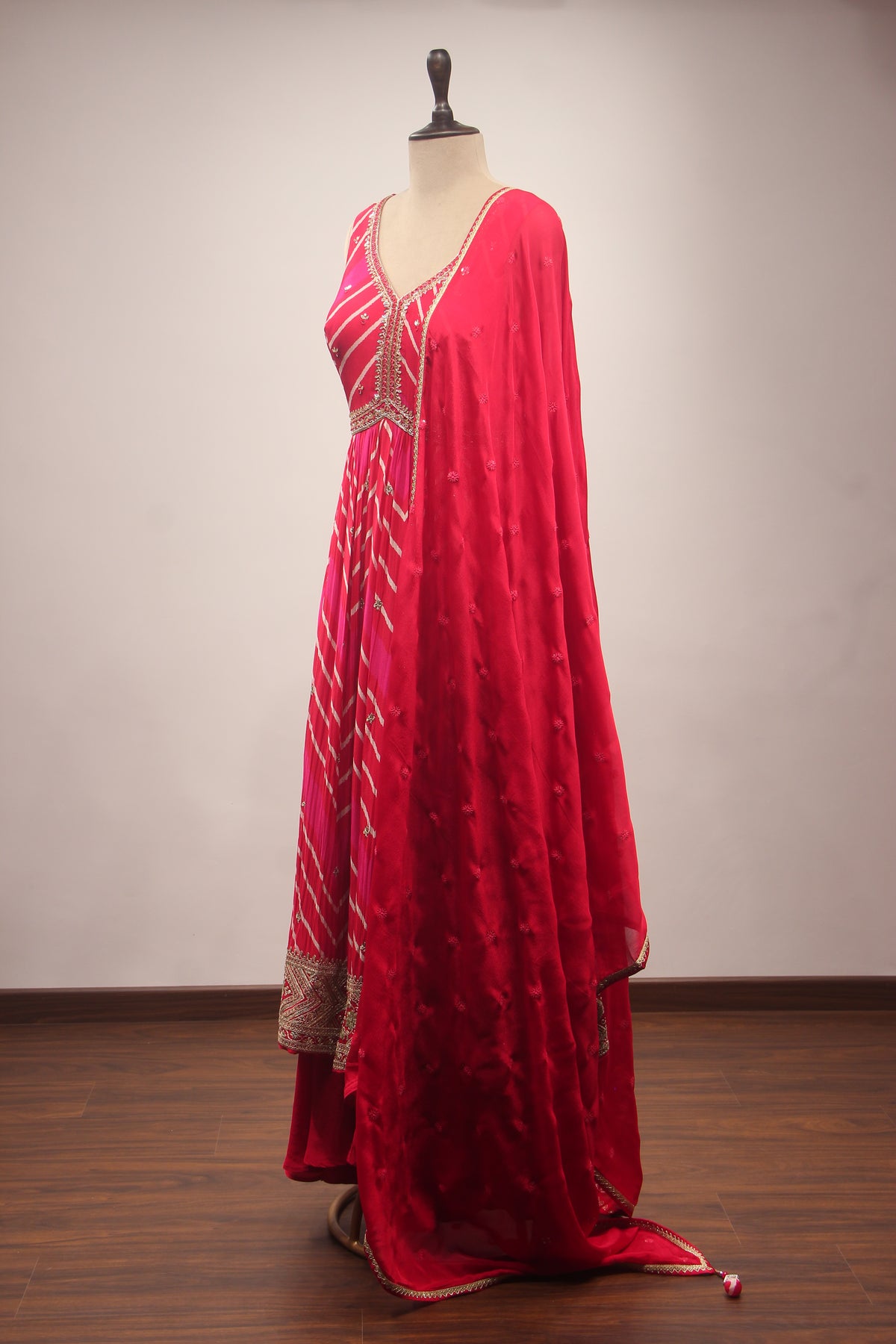 Red Bandhej Suit with Gota Patti & Mirror Handwork Anarkali