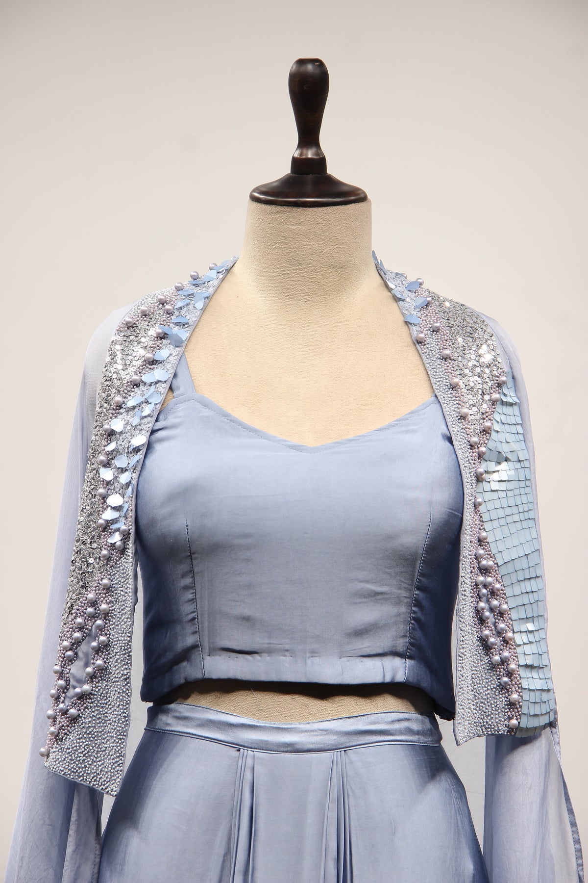 Ice Blue Satin Indo Western Cape in Hand Embroidery & Sequin Handwork – front close-up, with cape