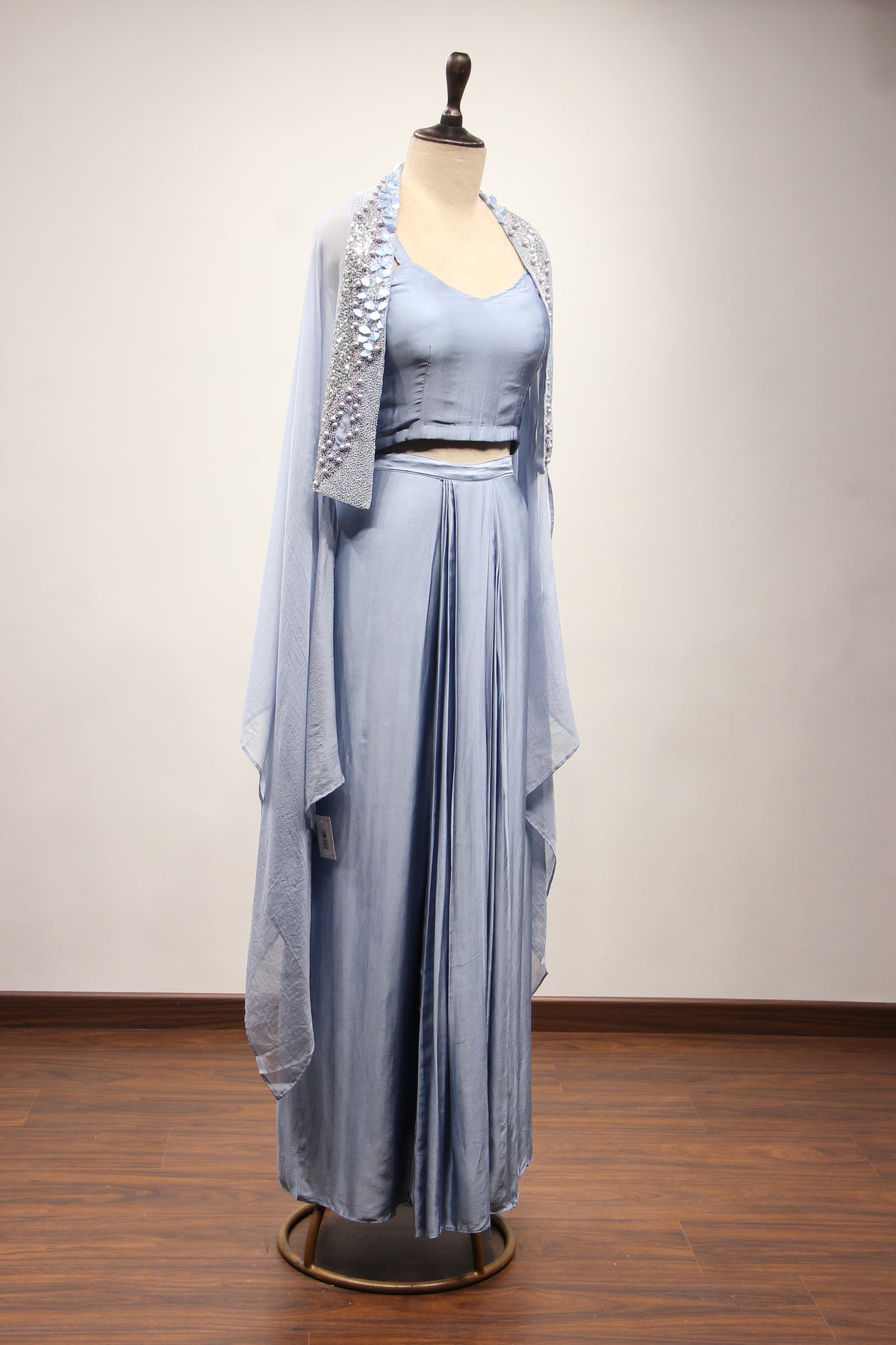 Ice Blue Satin Indo Western Cape in Hand Embroidery & Sequin Handwork – other side view, with cape