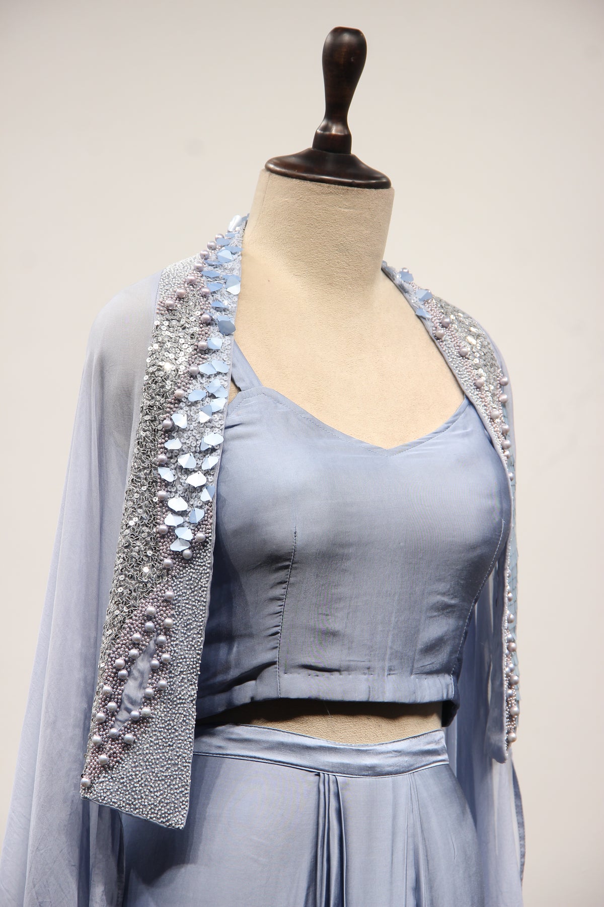 Ice Blue Satin Indo Western Cape in Hand Embroidery & Sequin Handwork – other side close-up, with cape