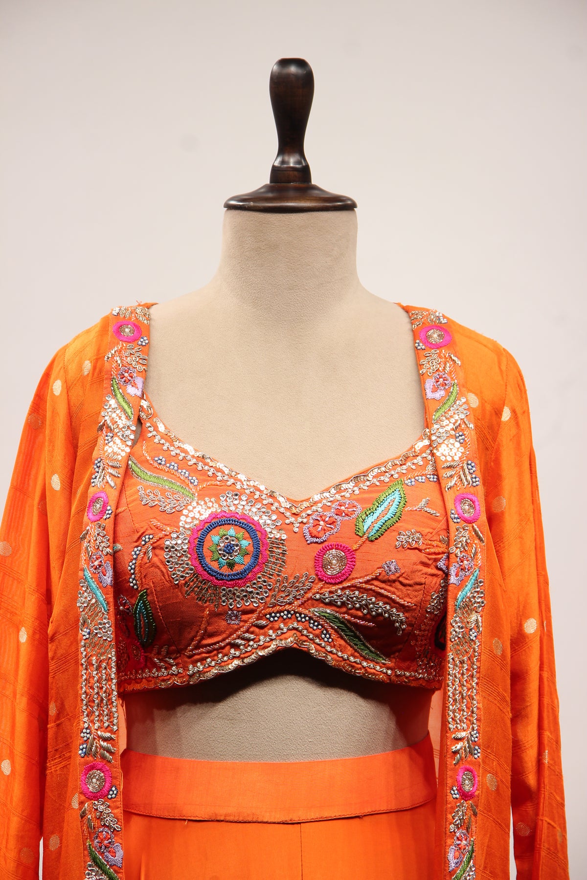 Crepe Indo Western Shrug Set with Cut Dana & Thread Handwork Crop Top in Orange – front close-up, with shrug