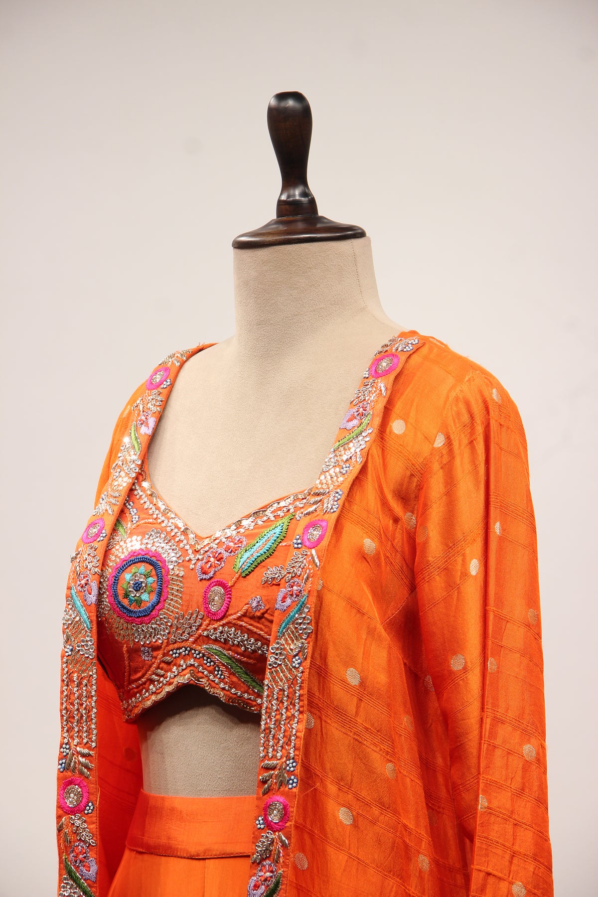 Crepe Indo Western Shrug Set with Cut Dana & Thread Handwork Crop Top in Orange – side close-up, with shrug