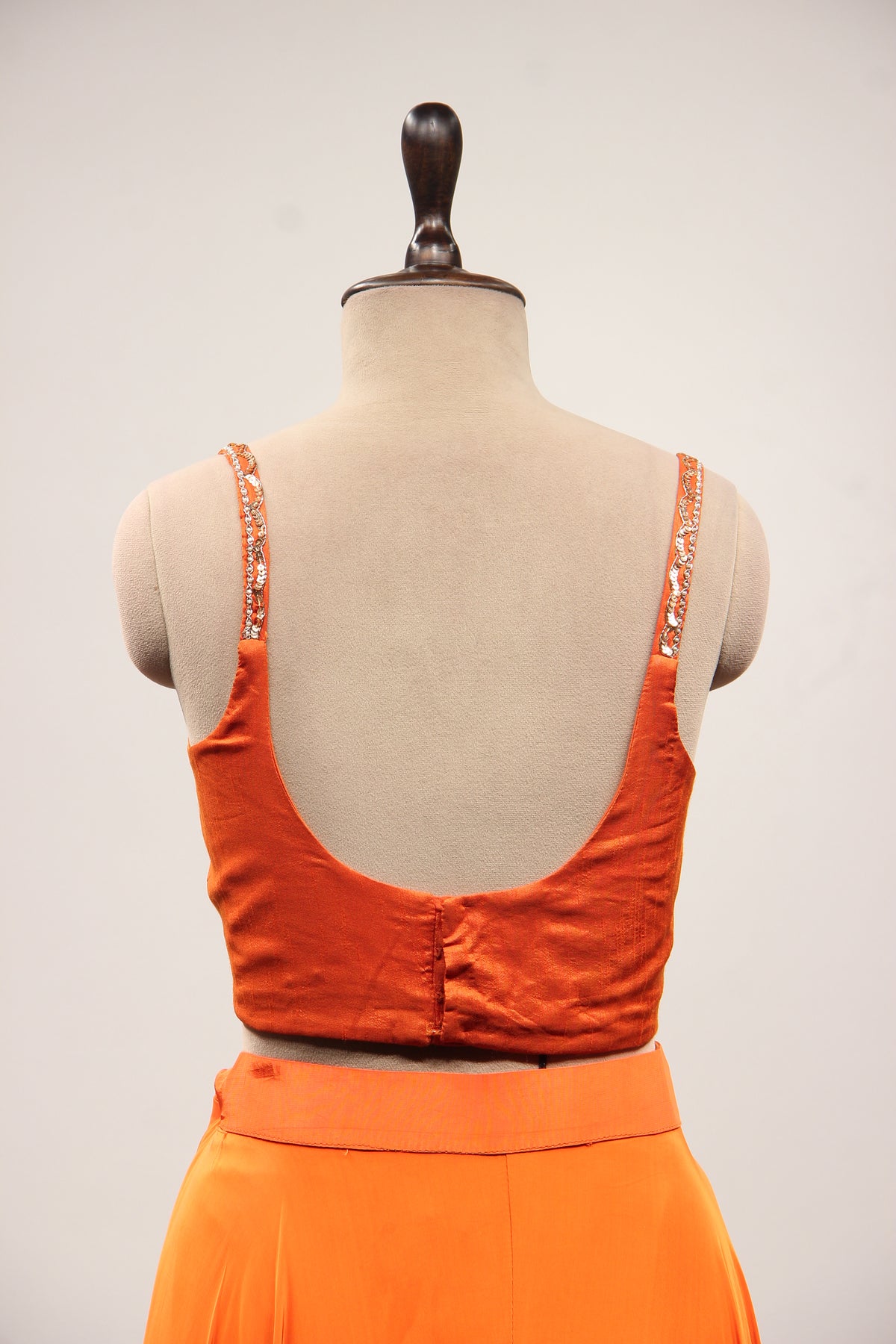 Crepe Indo Western Shrug Set with Cut Dana & Thread Handwork Crop Top in Orange – back close-up, without shrug