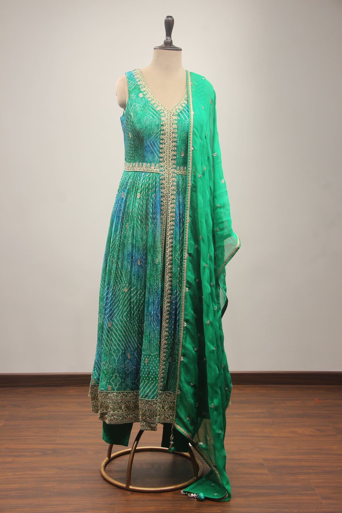 Green Bandhej Suit with Zari & Sequin Handwork Short Anarkali