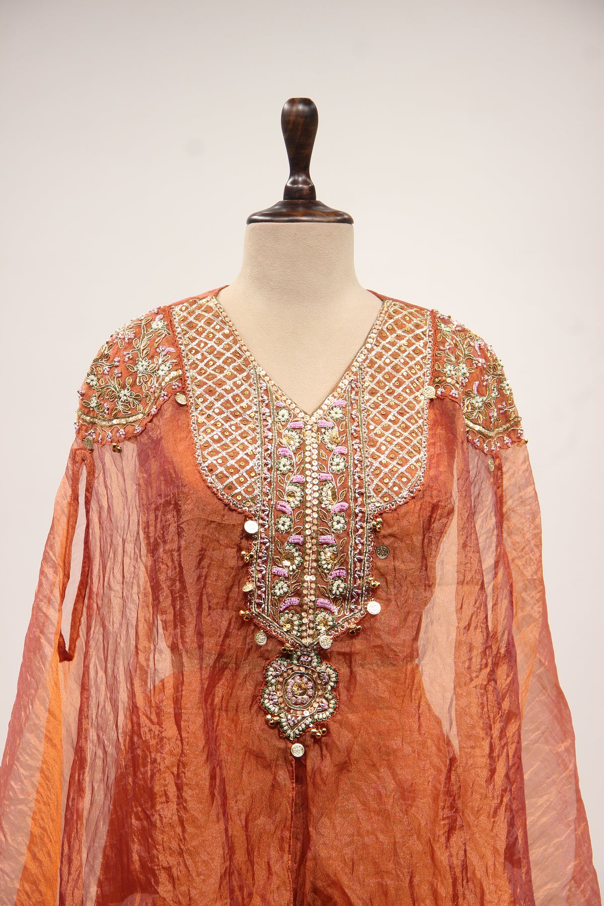 Tissue Indo Western Kaftan with Hand Embroidery & Gota Patti Handwork in Brown – front close-up