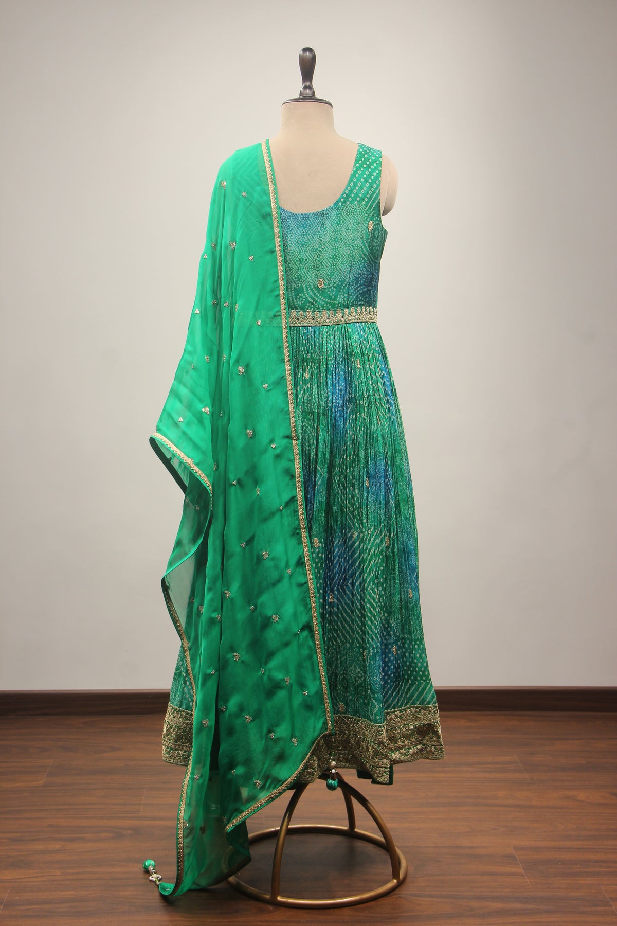 Green Bandhej Suit with Zari & Sequin Handwork Short Anarkali