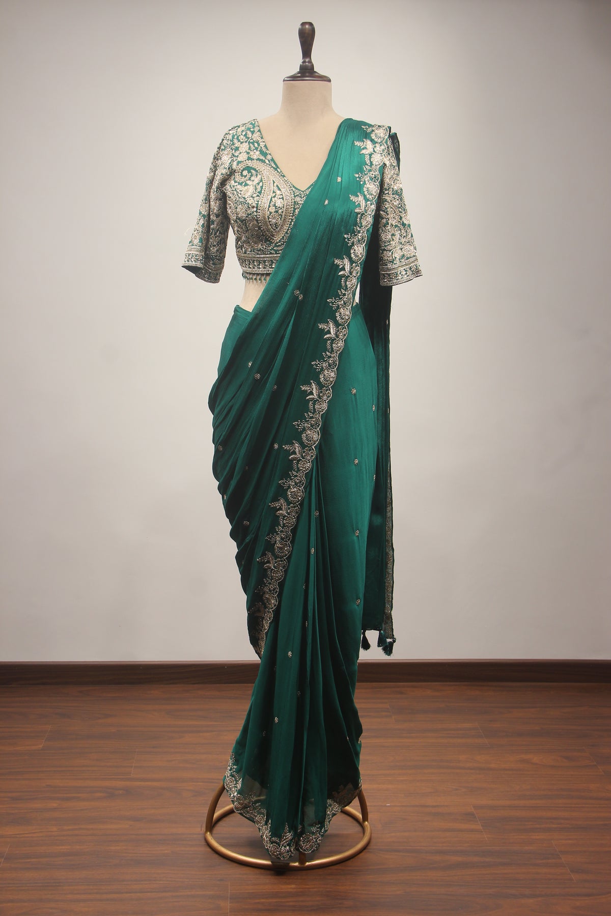 Crepe Drape Saree with Zari & Sequin Handwork Crop Top