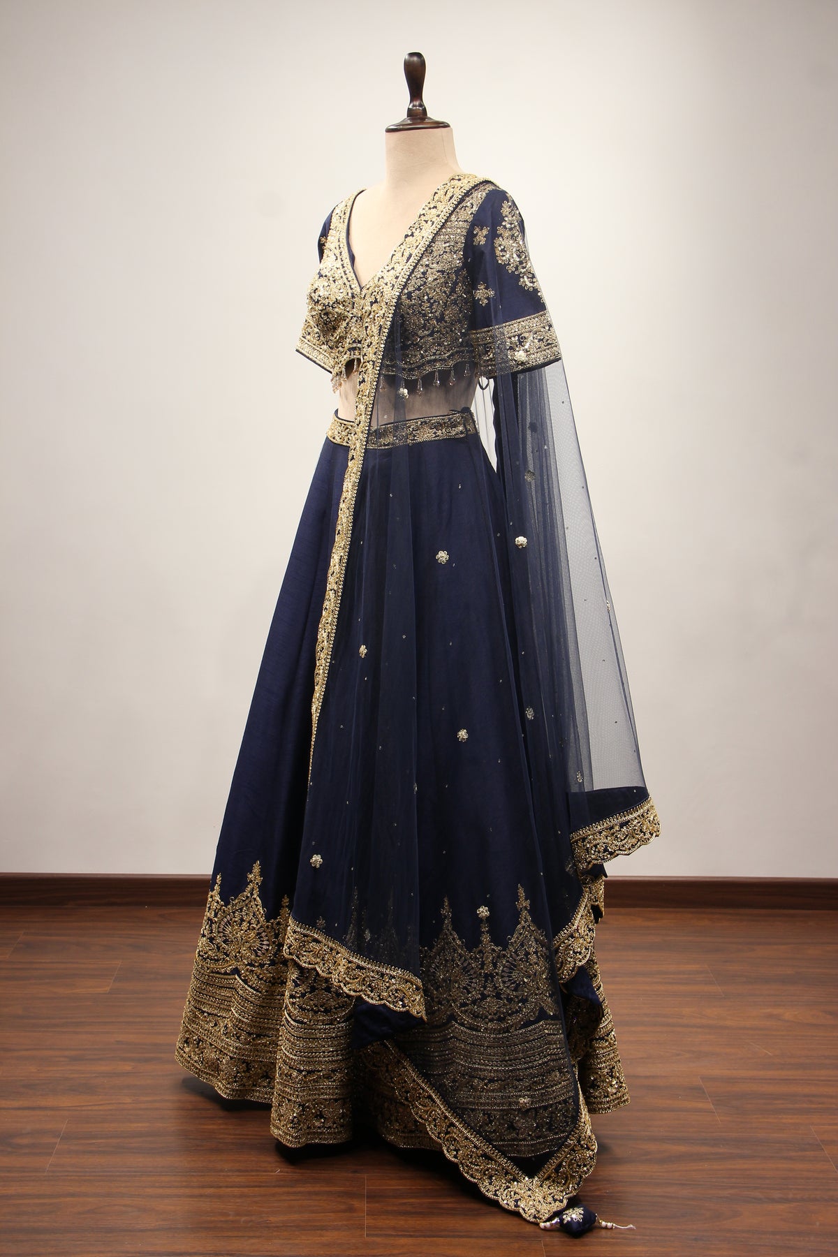 Dupion Lehenga with Zari & Sequin Handwork Half Sleeve V-Neck Crop Top in Blue – side view