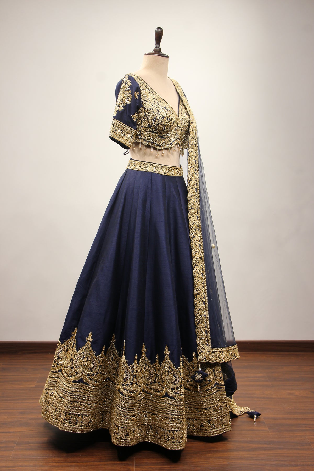 Dupion Lehenga with Zari & Sequin Handwork Half Sleeve V-Neck Crop Top in Blue – other side view