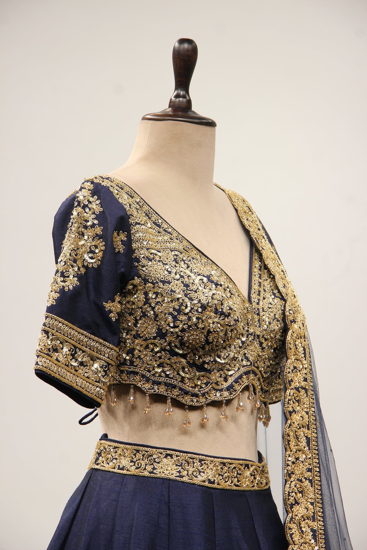 Dupion Lehenga with Zari & Sequin Handwork Half Sleeve V-Neck Crop Top in Blue – other side close-up