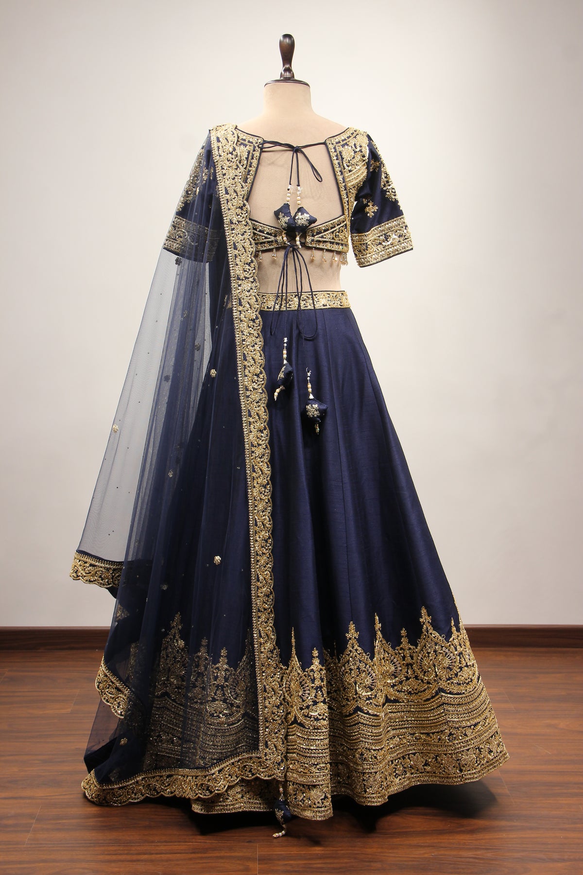 Dupion Lehenga with Zari & Sequin Handwork Half Sleeve V-Neck Crop Top in Blue – back view