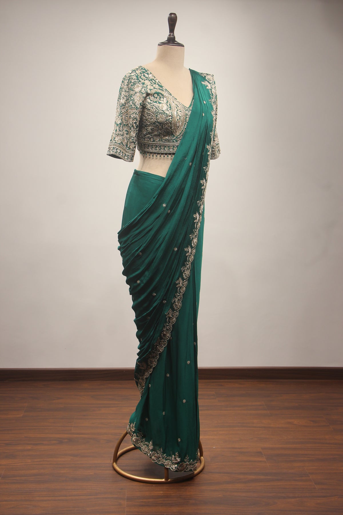 Crepe Drape Saree with Zari & Sequin Handwork Crop Top