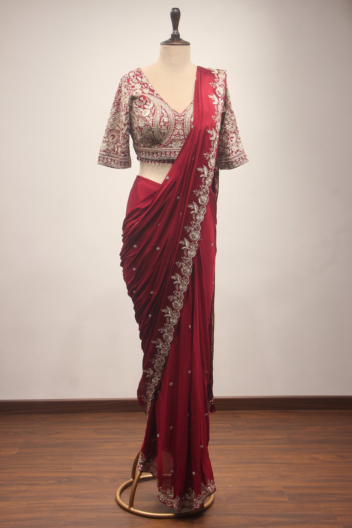 Crepe Drape Saree with Zari & Sequin Handwork Crop Top