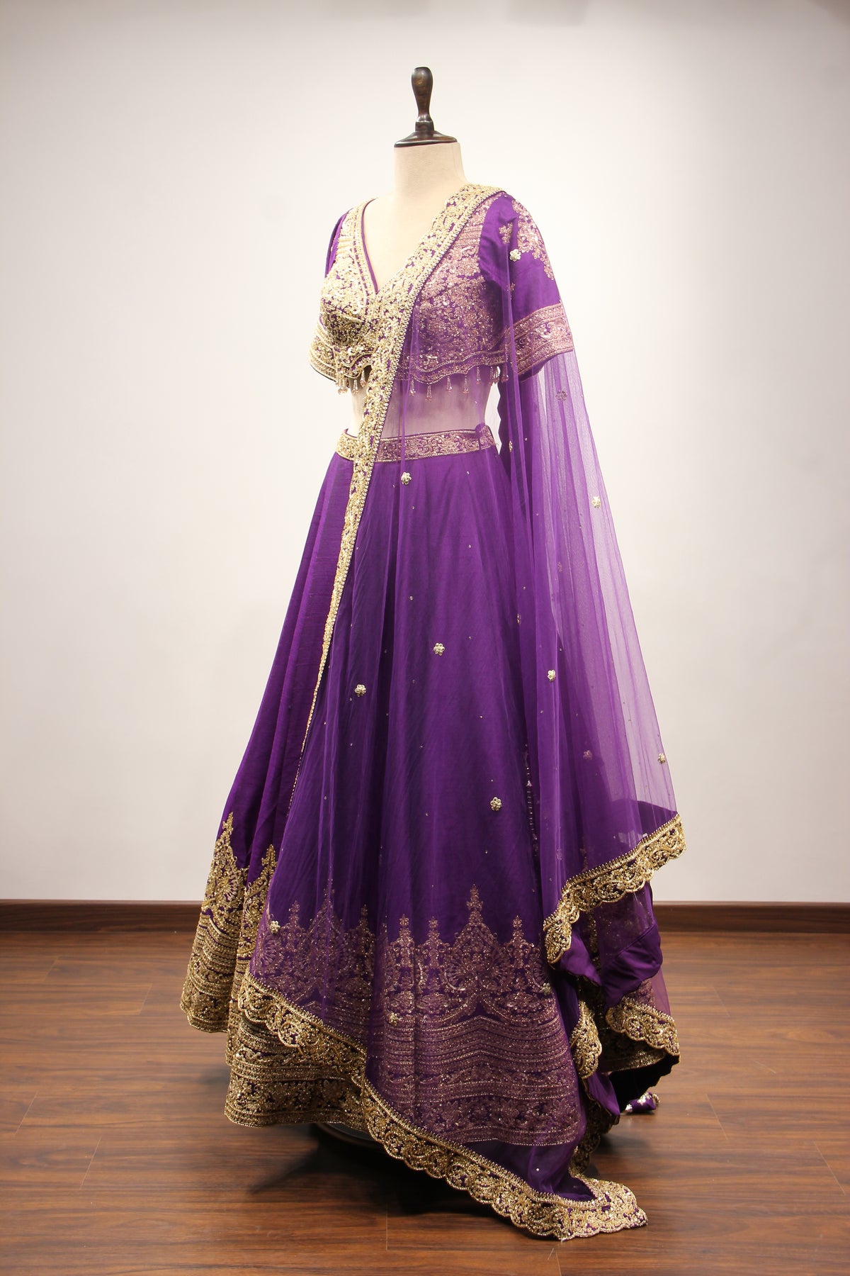 Dupion Lehenga with Zari & Sequin Handwork Half Sleeve V-Neck Crop Top in Purple – side view