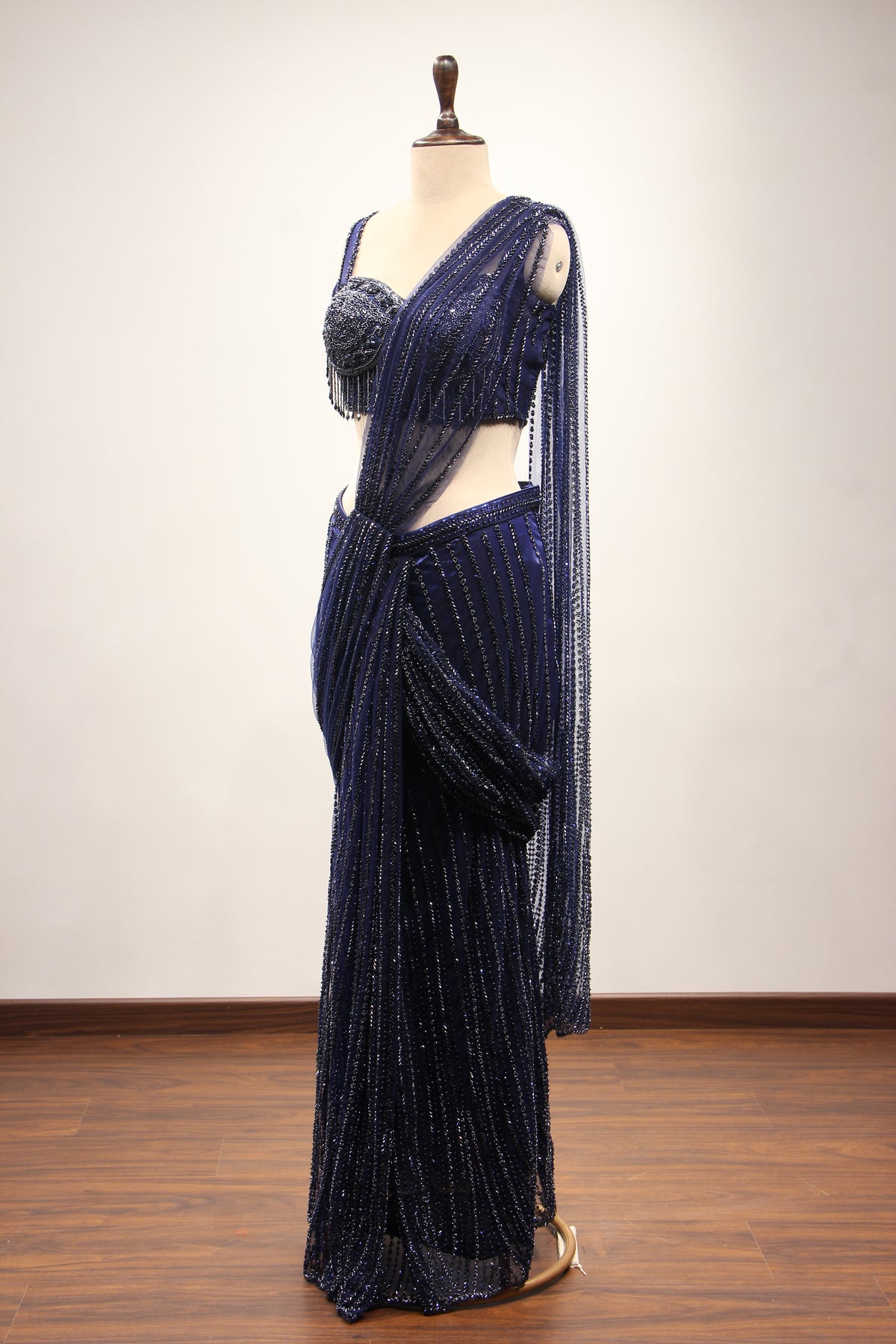 Navy Blue Imported Fringe Drape Saree with Cut Dana & Bead Handwork – side view