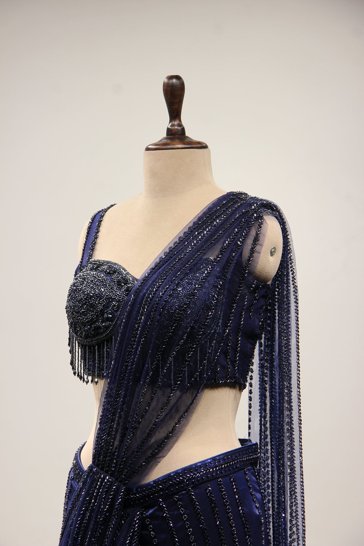 Navy Blue Imported Fringe Drape Saree with Cut Dana & Bead Handwork – side close-up