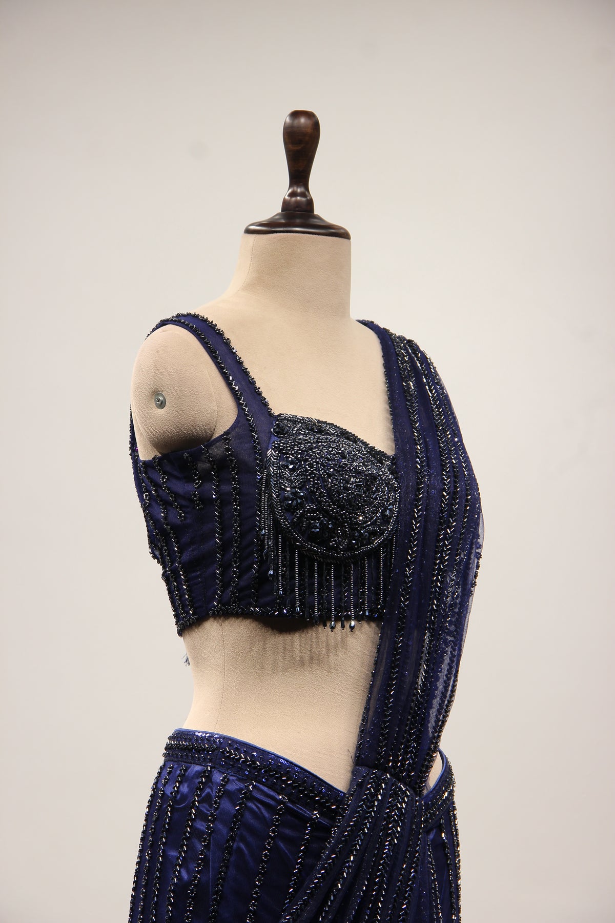 Navy Blue Imported Fringe Drape Saree with Cut Dana & Bead Handwork – other side close-up