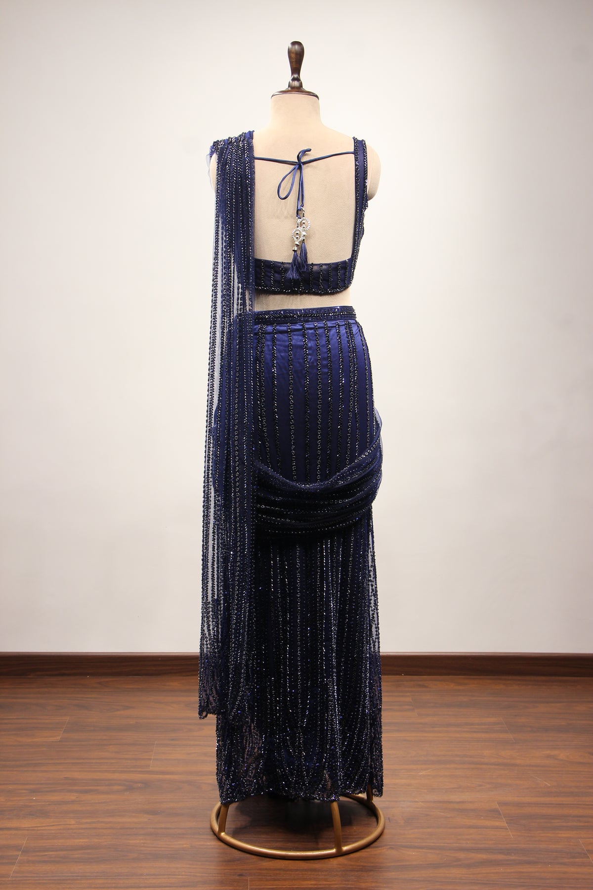 Navy Blue Imported Fringe Drape Saree with Cut Dana & Bead Handwork – back view