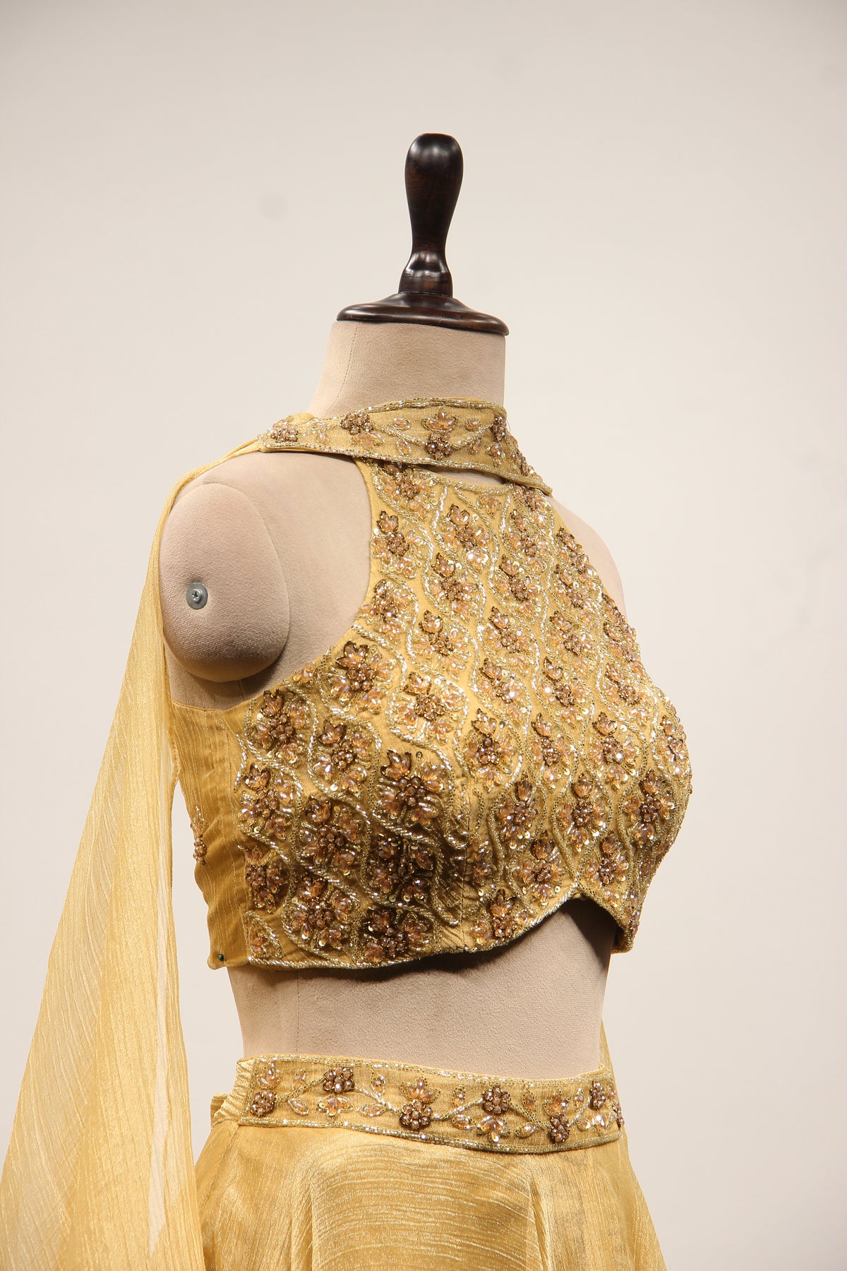 Gold Shimmer Tissue Halter Neck Lehenga with Cut Dana & Bead Handwork – other side close-up