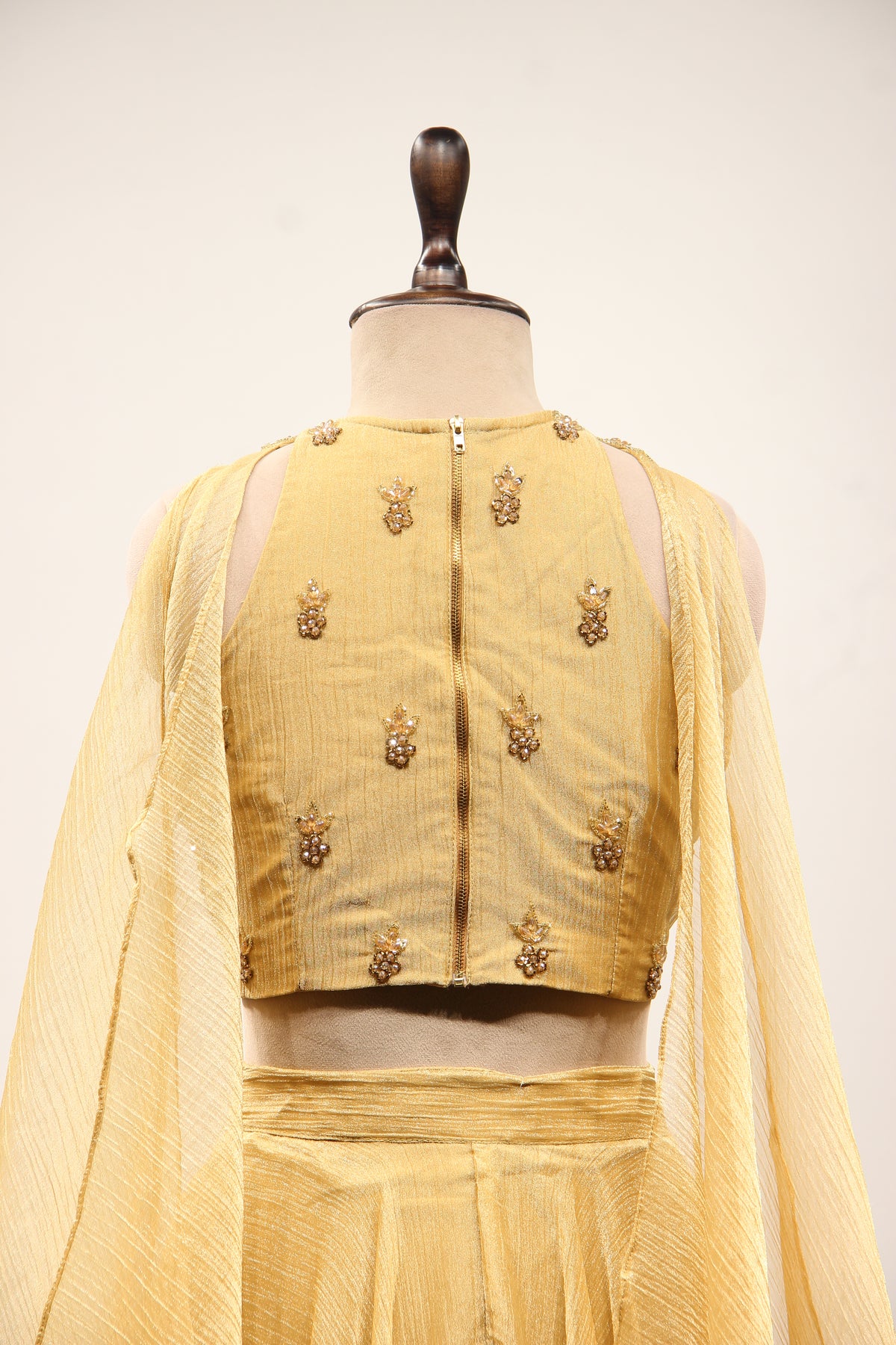 Gold Shimmer Tissue Halter Neck Lehenga with Cut Dana & Bead Handwork – back close-up