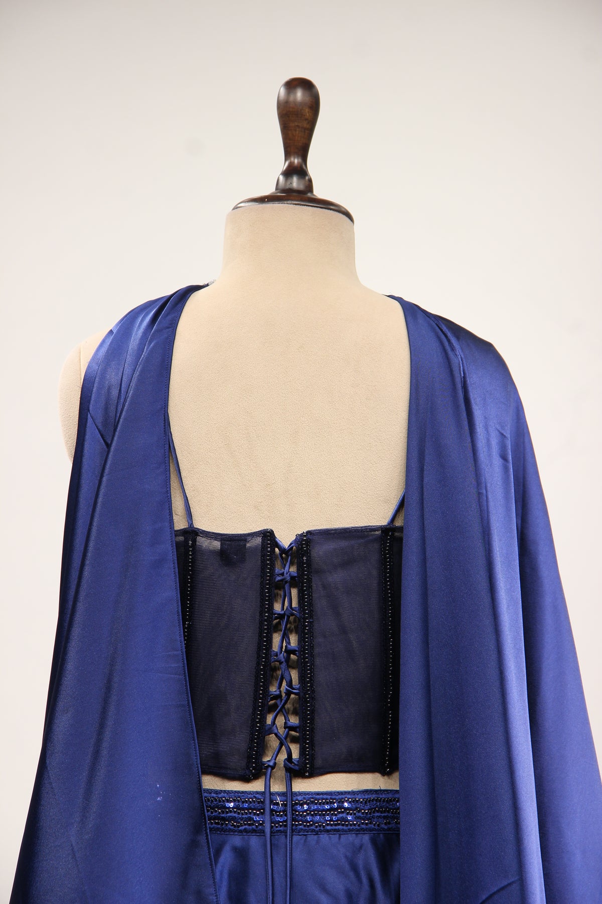 Navy Blue Imported Lehenga with Stone & Bead Handwork Net Corset – back close-up