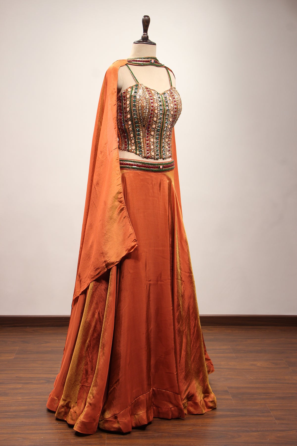 Rust Shimmer Tissue Corset Lehenga in Hand Embroidery & Stone Handwork – other side view