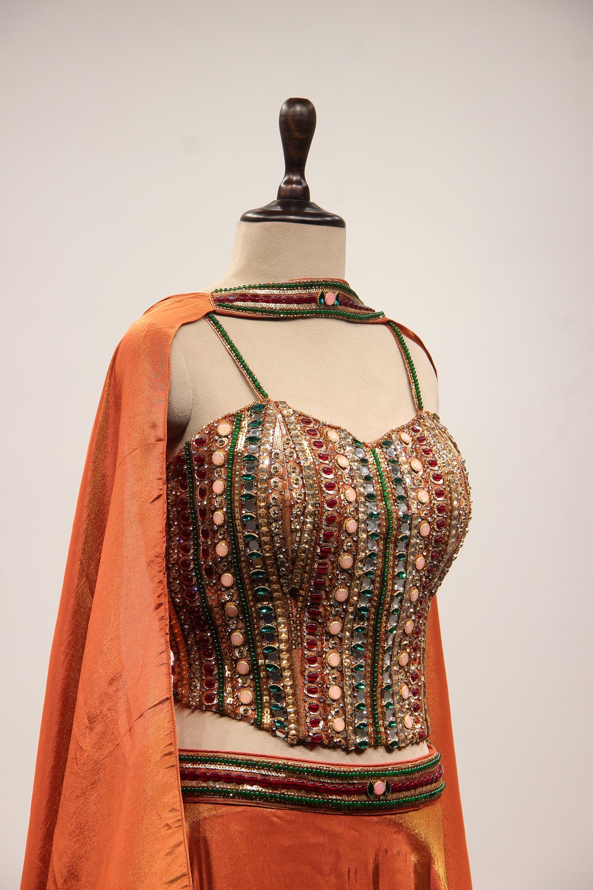 Rust Shimmer Tissue Corset Lehenga in Hand Embroidery & Stone Handwork – other side close-up