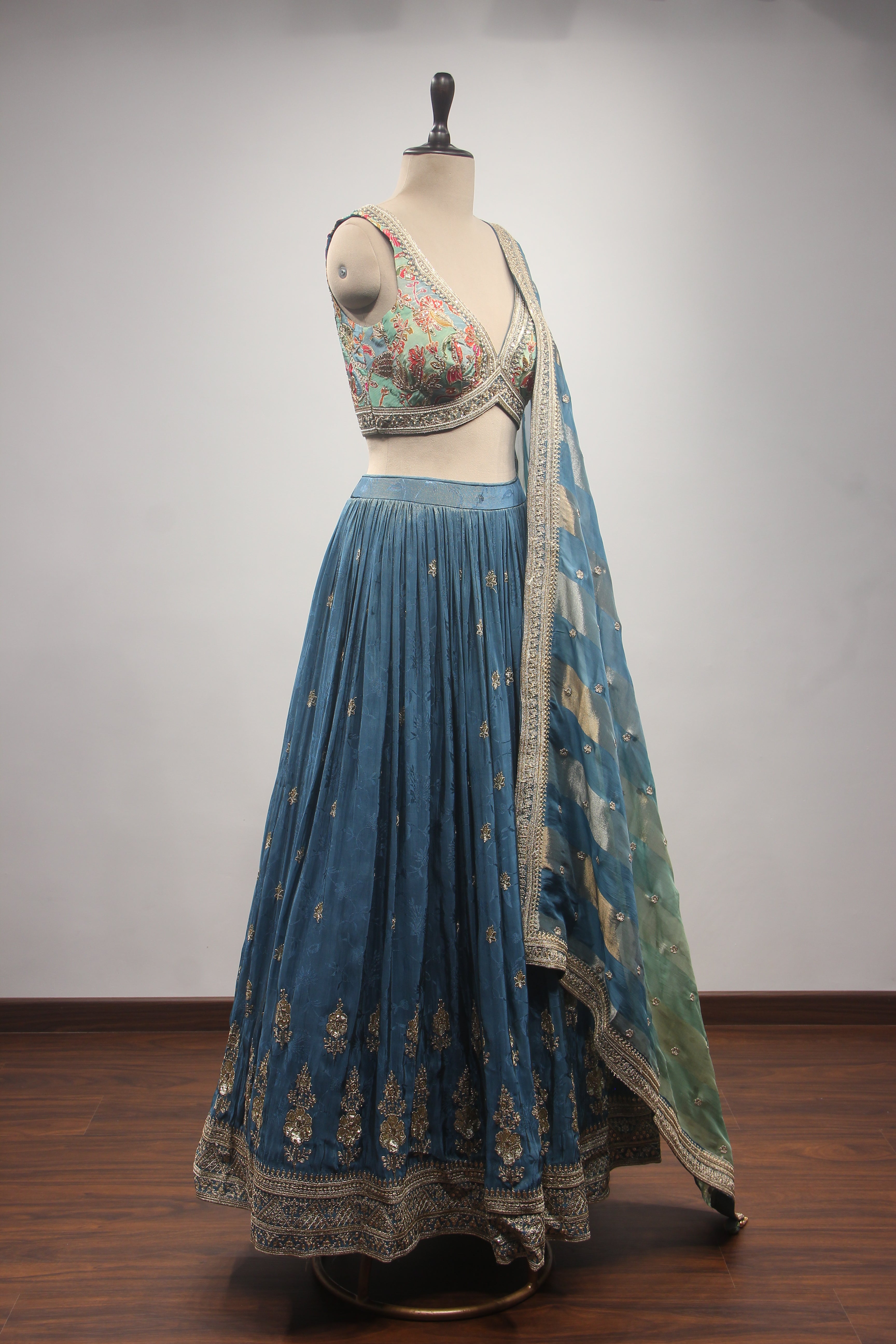 Peacock Crepe Lehenga with Printed & Hand Embroidery Crop Top