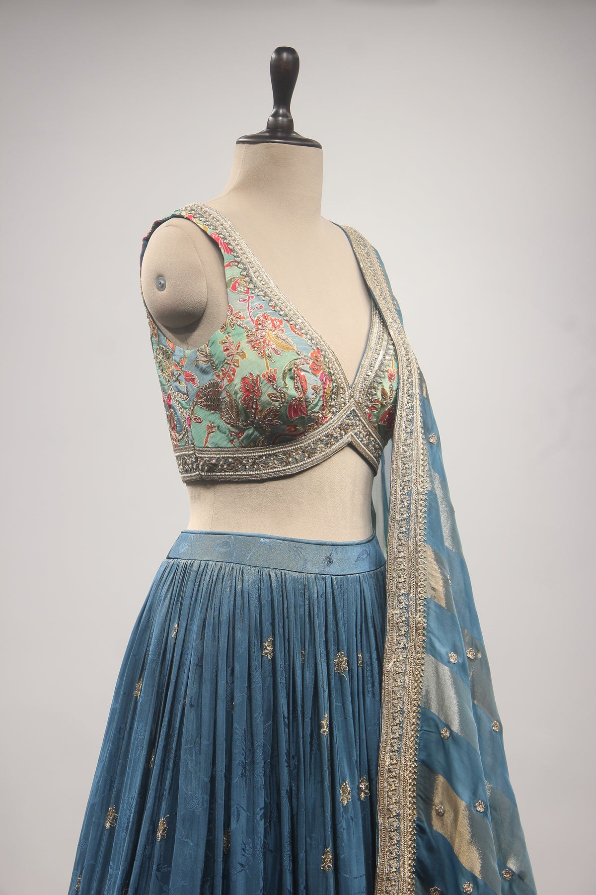 Peacock Crepe Lehenga with Printed & Hand Embroidery Crop Top