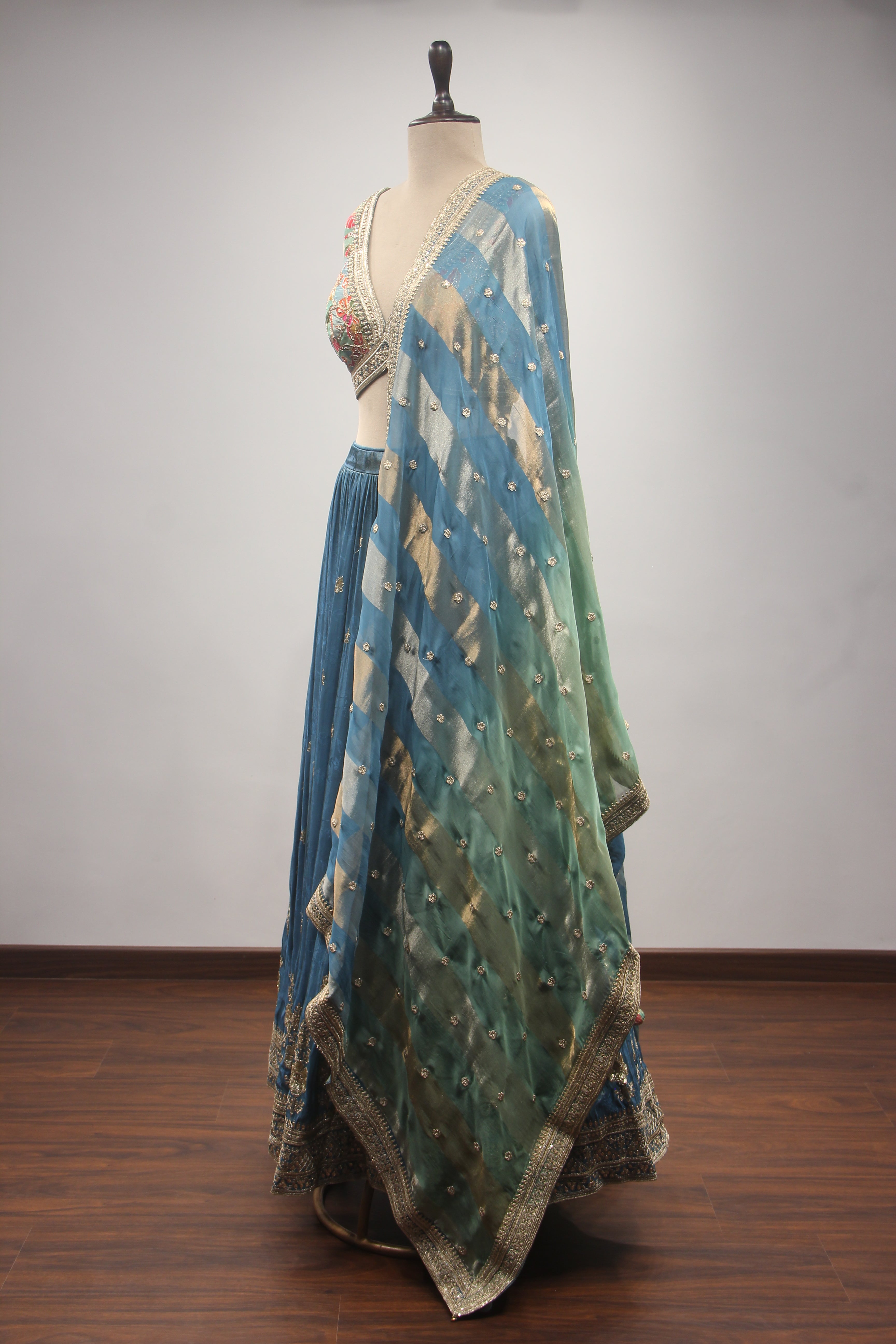Peacock Crepe Lehenga with Printed & Hand Embroidery Crop Top