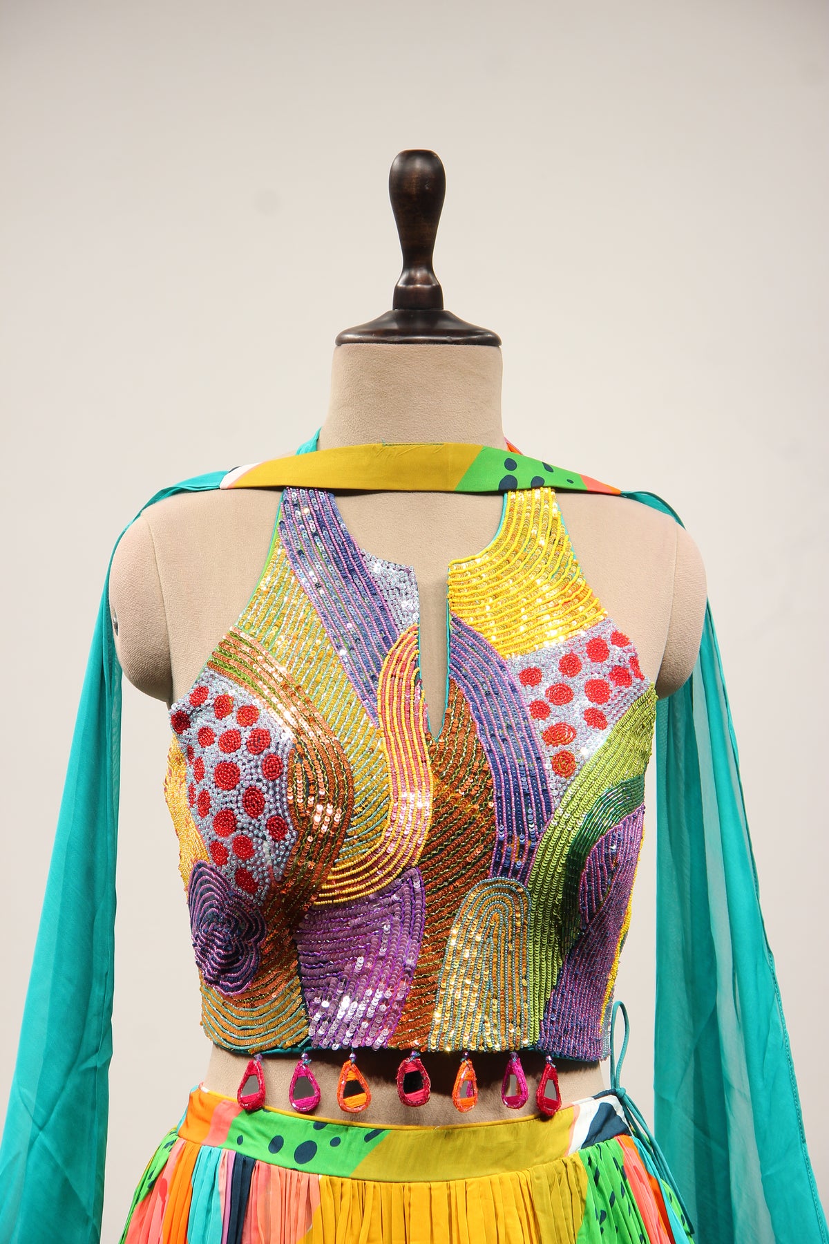 Multicolor Printed Crepe Halter Lehenga with Sequin & Bead Handwork – front close-up