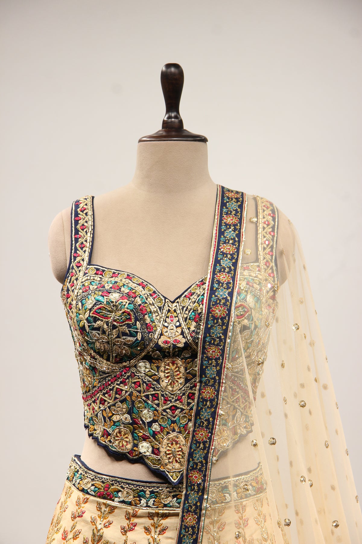 Ivory Ombre Dupion Corset Lehenga with Printed & Gota Patti Handwork – front close-up