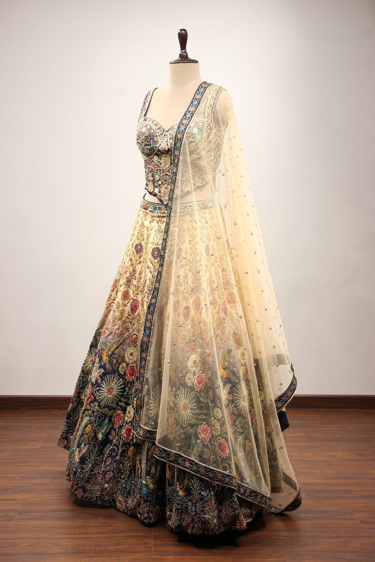 Ivory Ombre Dupion Corset Lehenga with Printed & Gota Patti Handwork – side view