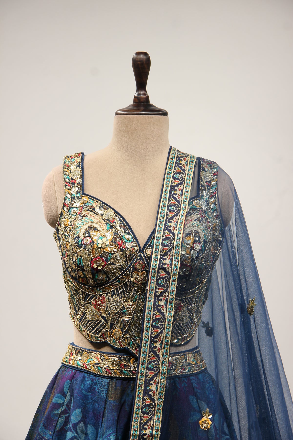 Blue Dupion Printed Lehenga with Gota Patti & Mirror Handwork Crop Top – front close-up