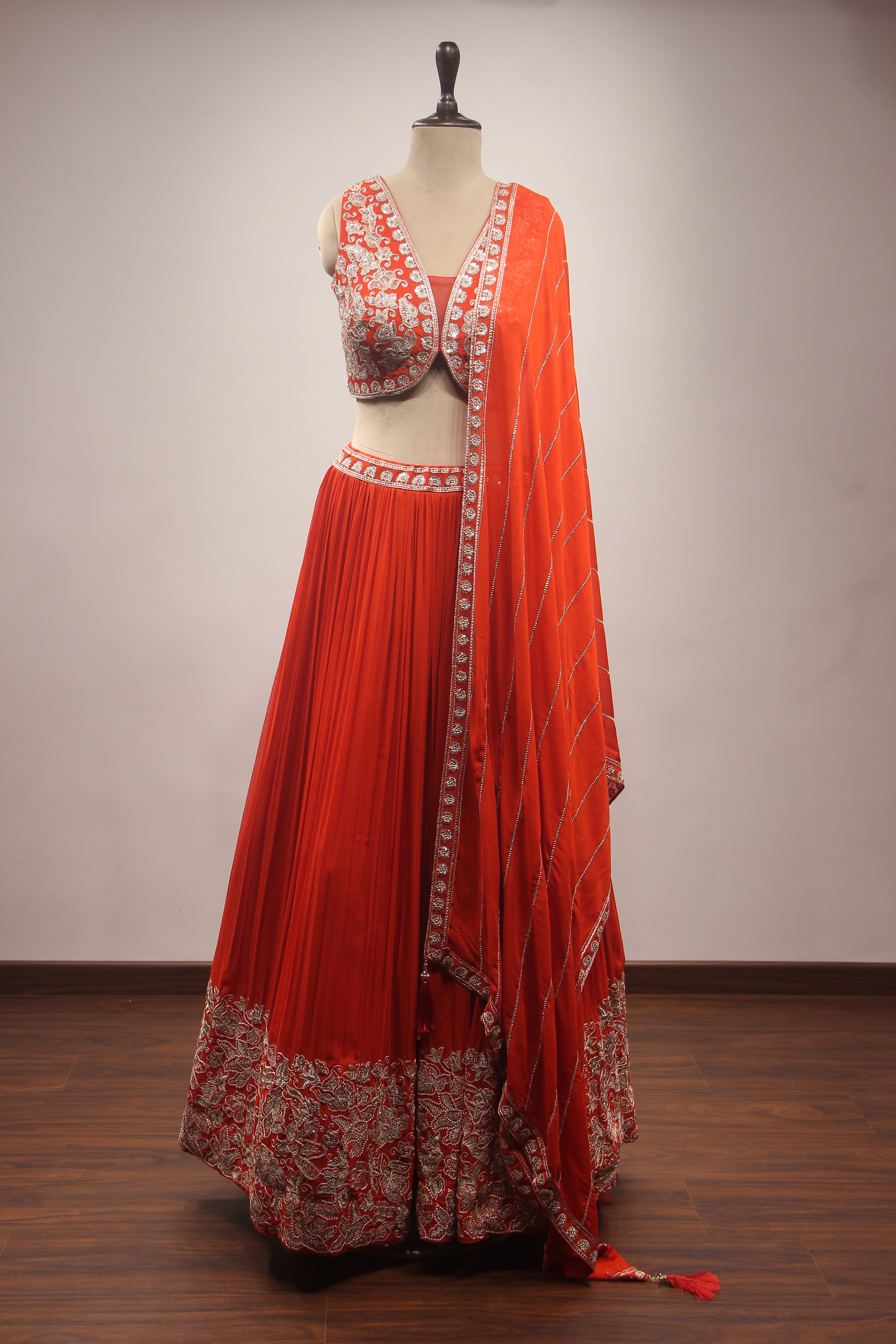 Orange Georgette Lehenga with Resham & Zari Handwork Crop Top