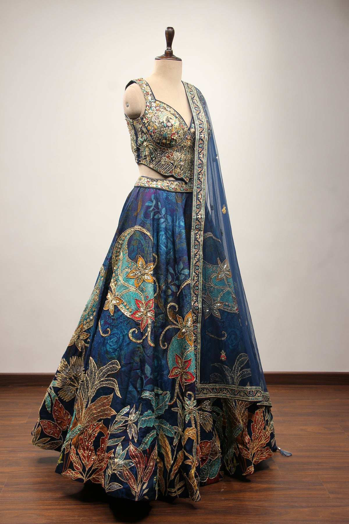 Blue Dupion Printed Lehenga with Gota Patti & Mirror Handwork Crop Top – other side view