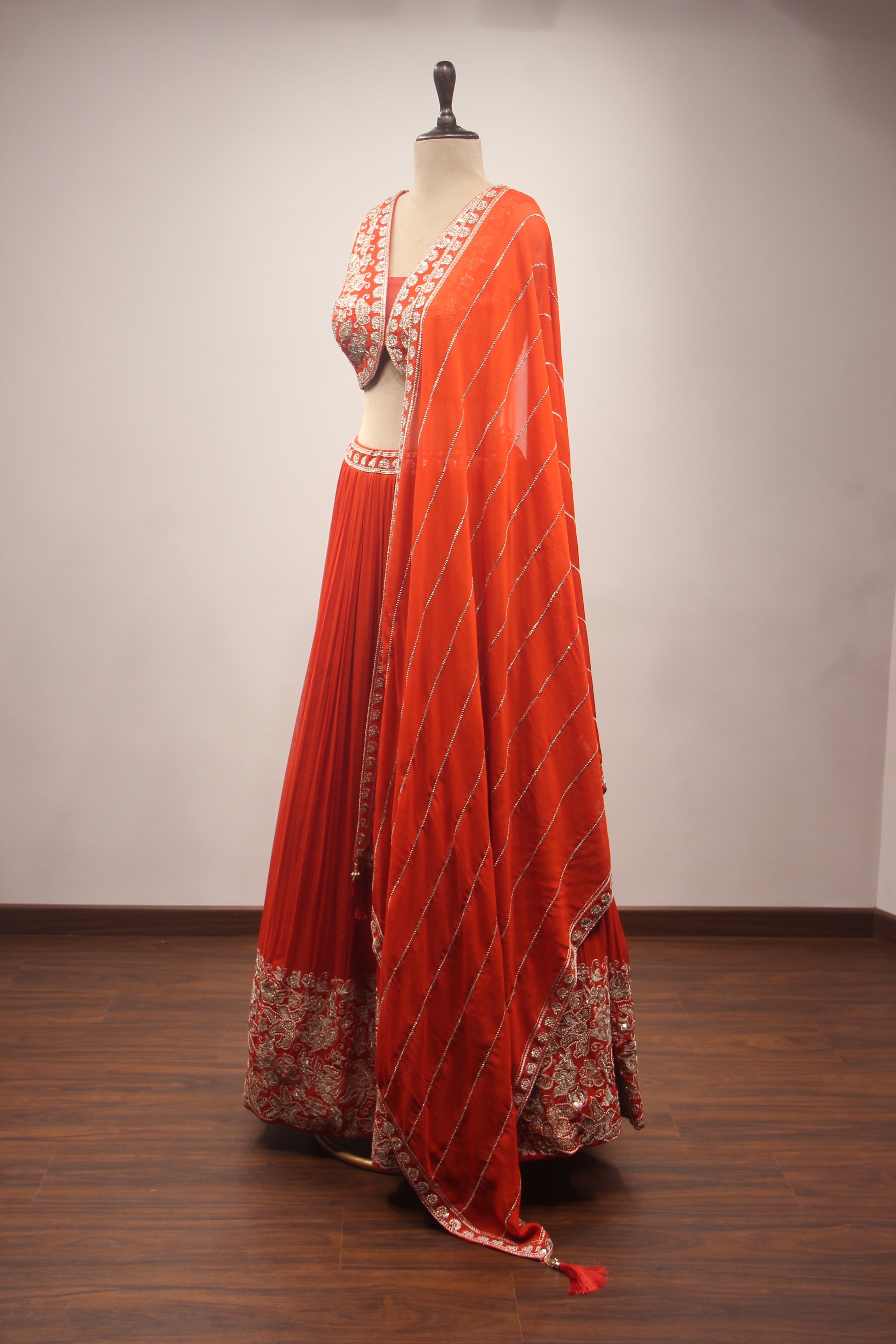 Orange Georgette Lehenga with Resham & Zari Handwork Crop Top