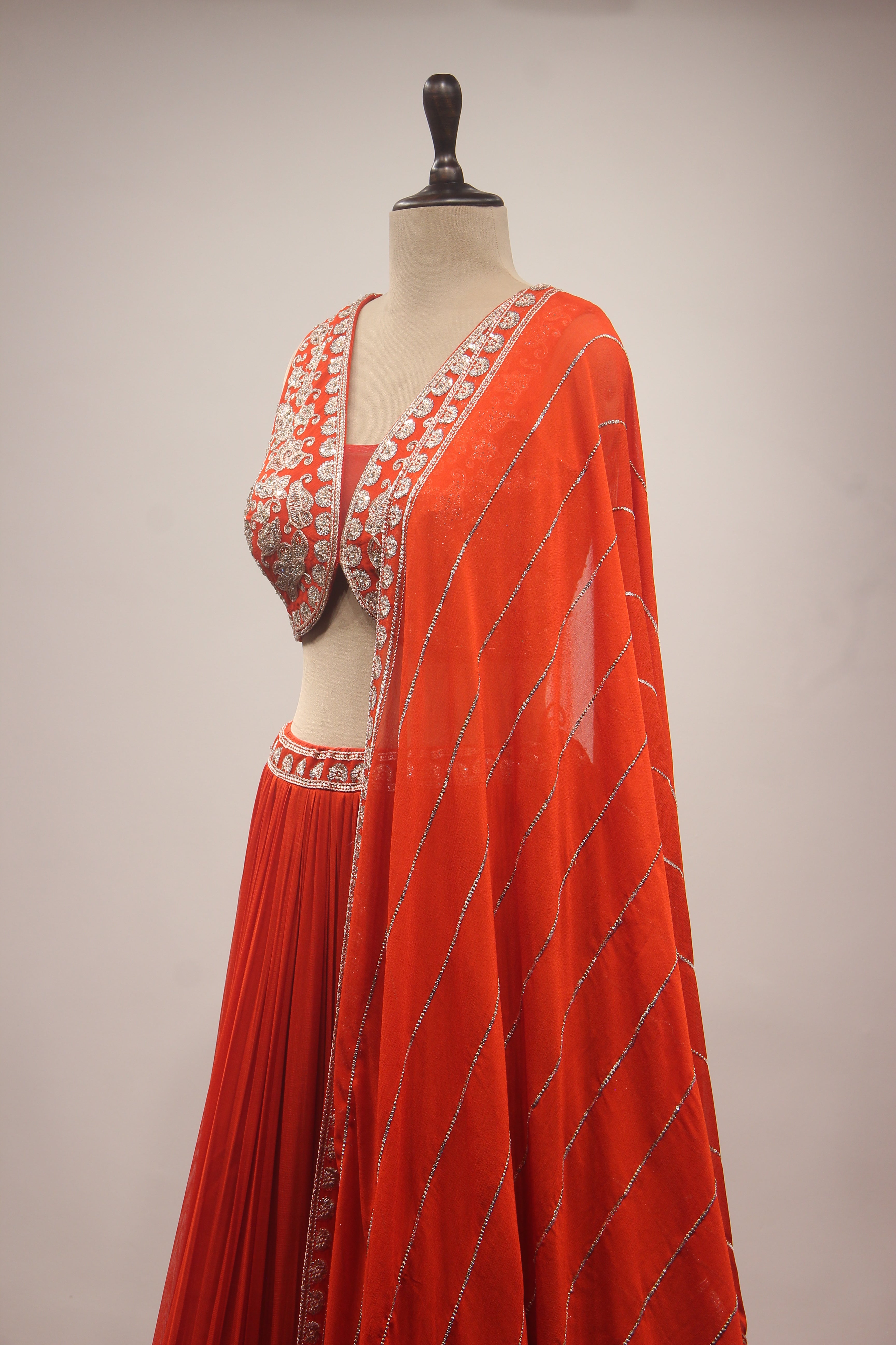 Orange Georgette Lehenga with Resham & Zari Handwork Crop Top