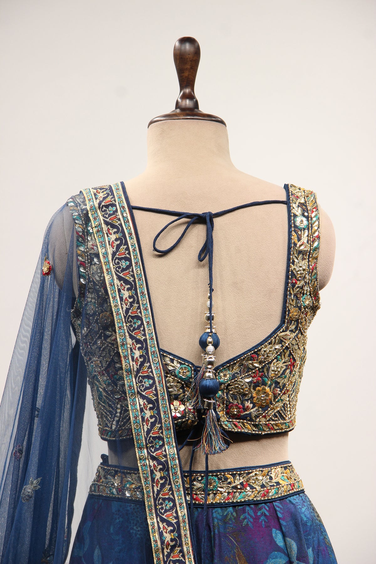 Blue Dupion Printed Lehenga with Gota Patti & Mirror Handwork Crop Top – back close-up