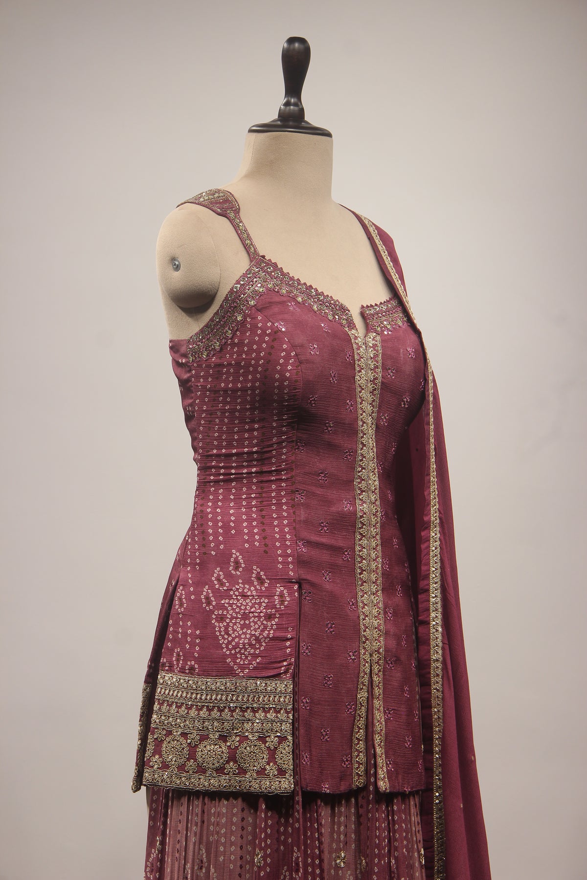 Wine Crepe Sharara Suit with Mirror & Resham Handwork Printed Palazzo – other side close-up