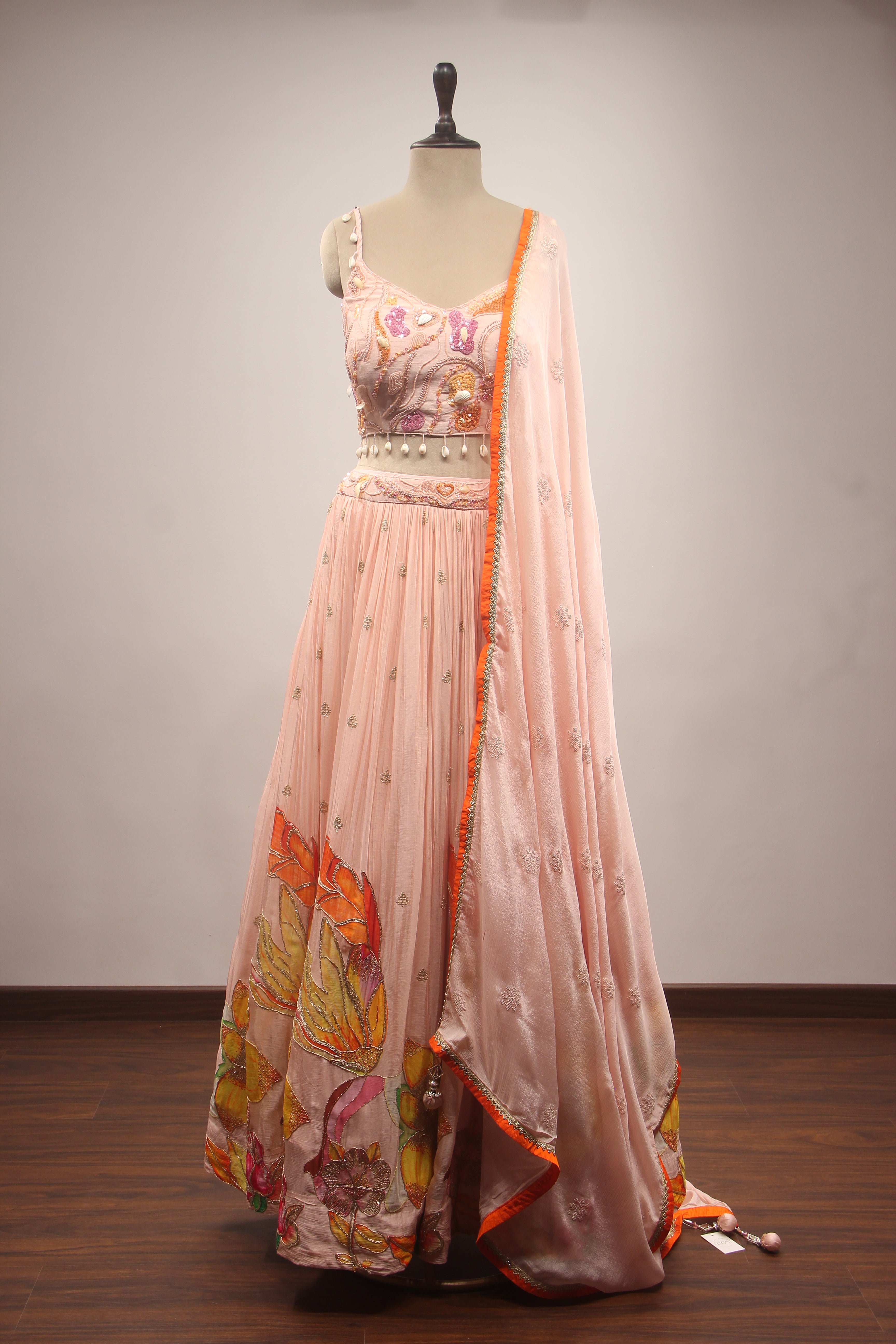 Peach Crepe Lehenga with Hand Embroidery & Bead Handwork Crop Top