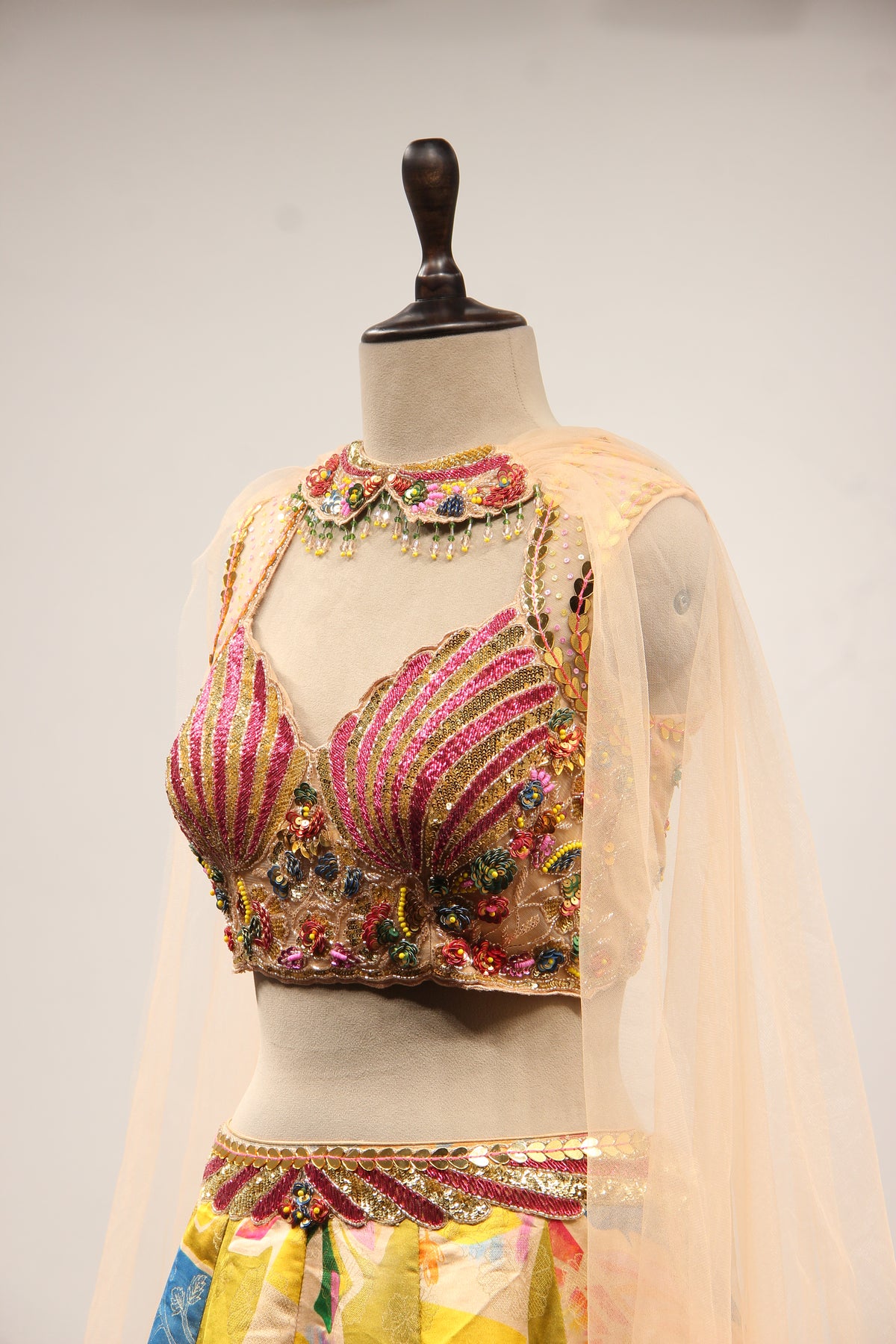 Multicolor Printed Tissue Lehenga with Cut Dana & Sequin Handwork Top – side close-up