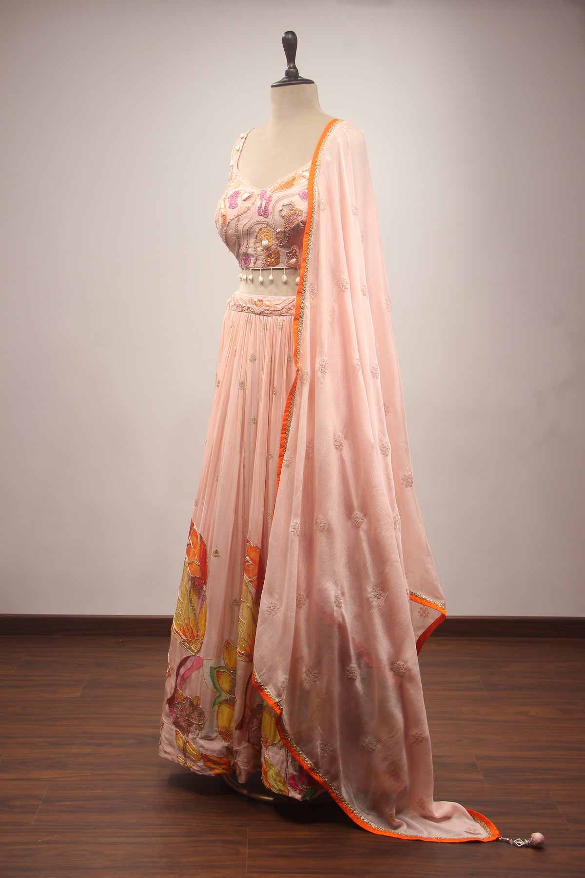 Peach Crepe Lehenga with Hand Embroidery & Bead Handwork Crop Top