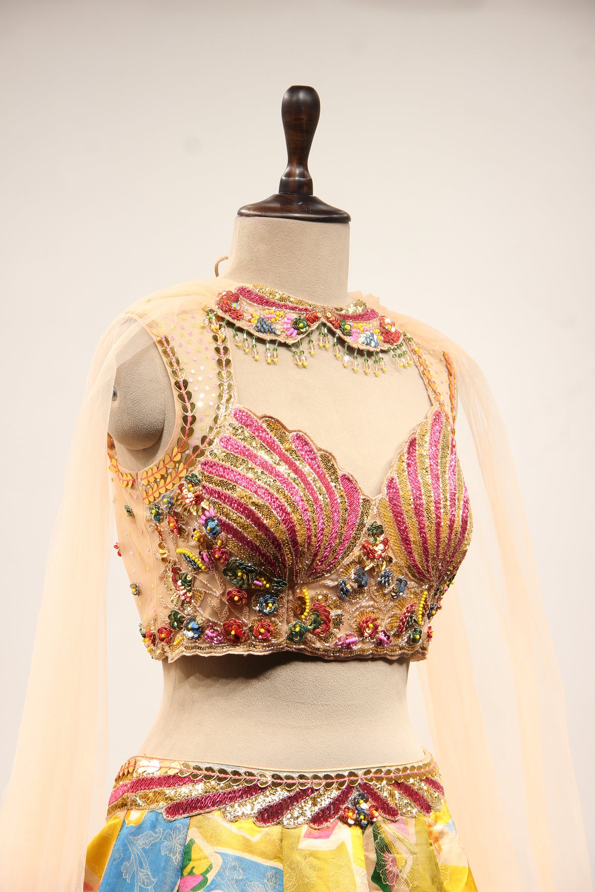 Multicolor Printed Tissue Lehenga with Cut Dana & Sequin Handwork Top – other side close-up